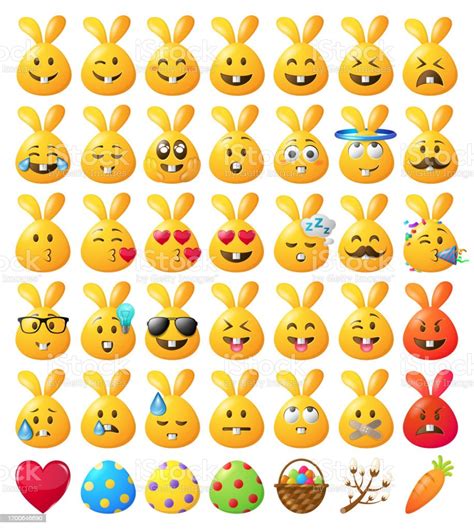 Smileys Emoticons Emojis Ostern Kaninchen Hase Eier Gesetzt Gelb Stock