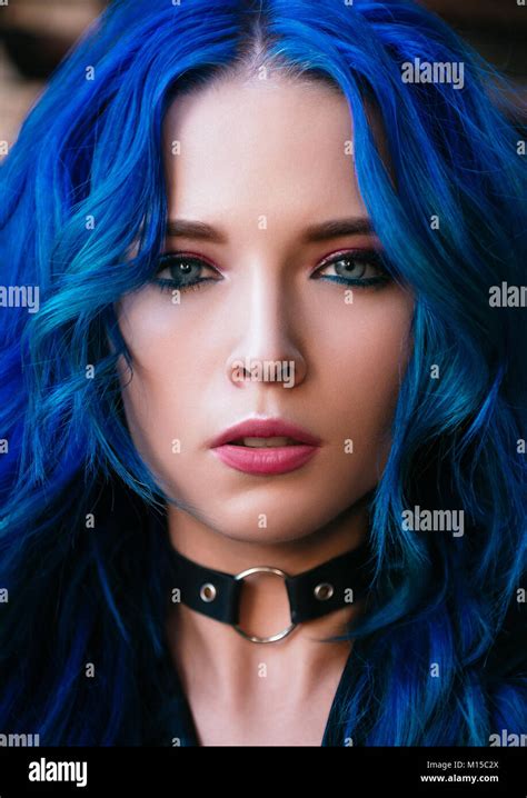 Closeup Portrait Of A Blue Haired Beautiful Young Girl Informal Model