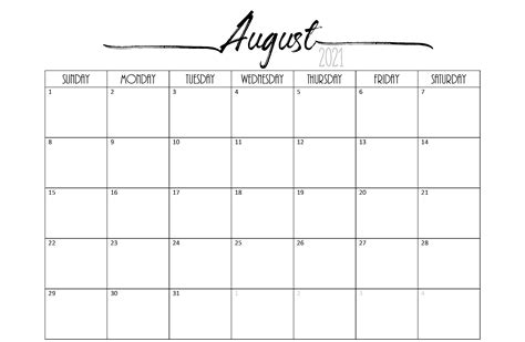 20 Free August 2021 Calendar Printable Blank Templates