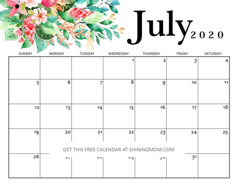 Free Printable July 2020 Calendar 12 Awesome Designs