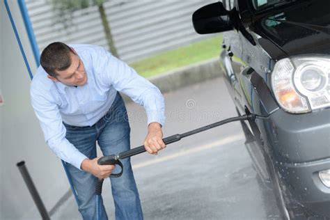 Man Washing Car With High Pressure Water Jet Stock Image Image Of
