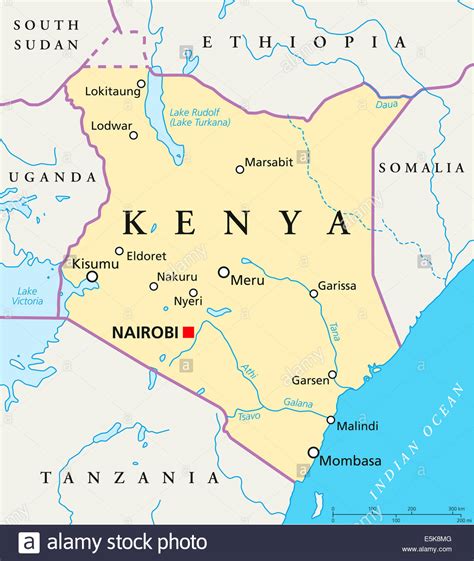 Kenya is the economic, financial, and transport hub of east africa. Kenya Political Map with capital Nairobi, national borders, most Stock Photo - Alamy