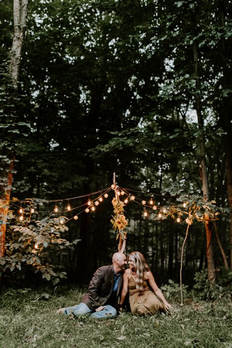 Cute boho couples shoot in the woods! Abby made this cute light setup ...