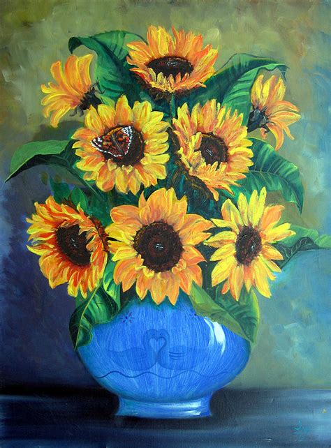 Sunflower In Blue Vase Painting Sunflower