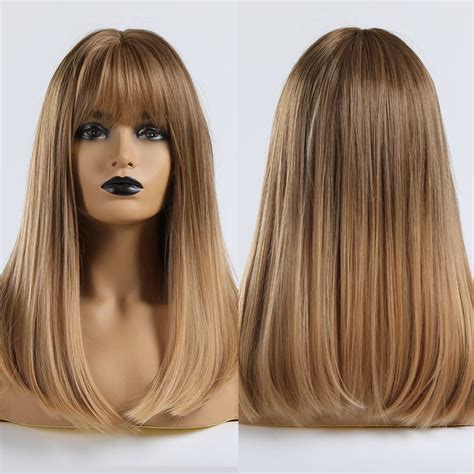 Long Straight Brown Ombre Light Blonde Synthetic Hair Wigs With Bangs For Women Ebay