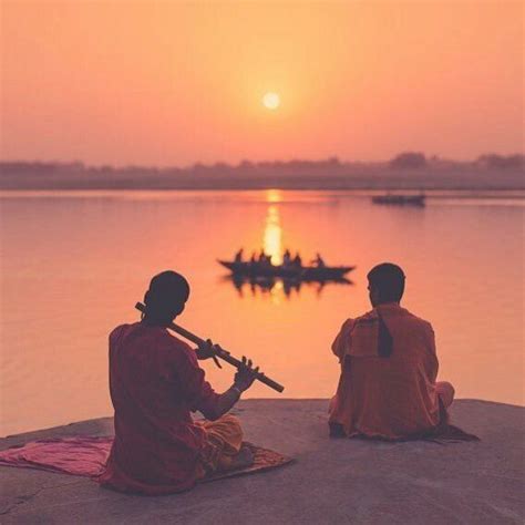 Beautiful Sunrise At Varanasi Ghatmusician Playing With Flute Near