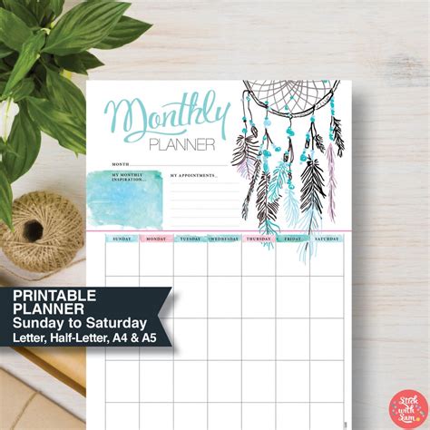 Monthly View Planner Dream Catcher Monthly Insert Page Fits Filofax