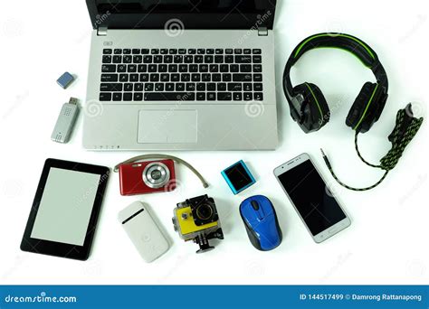 Desk With Gadgets Or Electronic Equipment For Daily Use Laptop