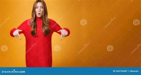 Wow What Awesome Promotion Portrait Of Impressed And Surprised Cute Wondered Redhead Woman In