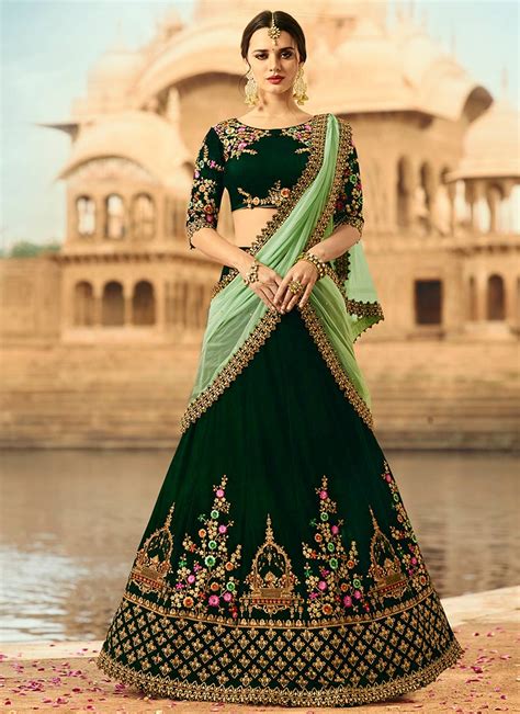 Buy Dark Green Velvet Wedding Lehenga Choli In Uk Usa And Canada