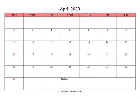 Download Editable Calendar April 2023 Weeks Start On Sunday