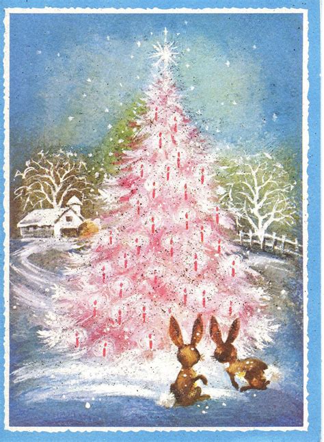 Vintage Christmas Card Bunnies Tree Glitter Accents Vintage Pink