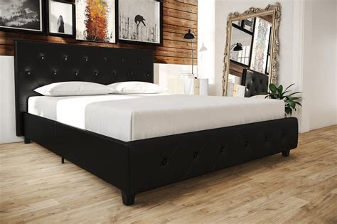 dakota upholstered faux leather platform bed with wooden slat support and tufted headboard and