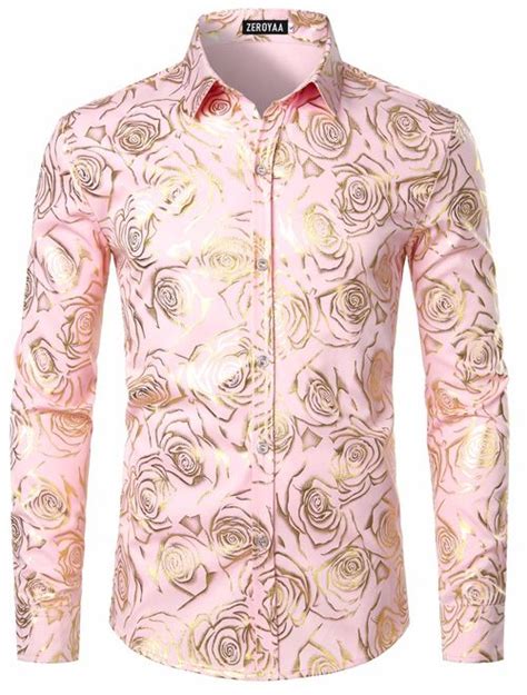 Buy Zeroyaa Mens Nightclub Rose Gold Shiny Flowered Printed Slim Fit
