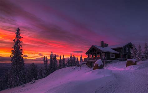 House In Winter Sunset Hd Wallpaper Background Image