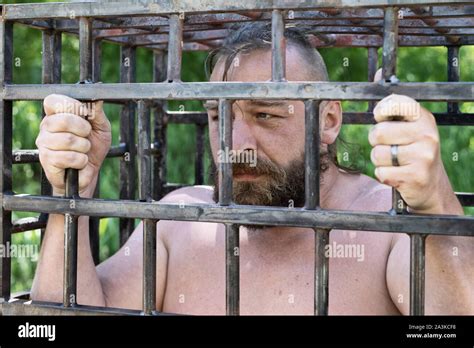 Bearded Man In Jail Or Prison Men In A Cage Outdoor Danger Or