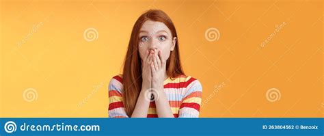 shocked speechless impressed sensitive redhead european girl reacting stunning rumor gossiping