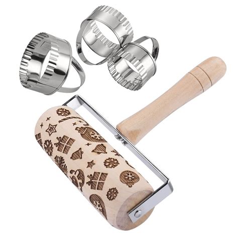Embossed Rolling Pin Christmas Wooden Rolling Pins With Cookies Mold