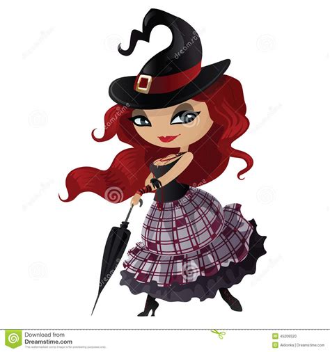 Beauty Red Haired Witch With Umbrella Stock Vector