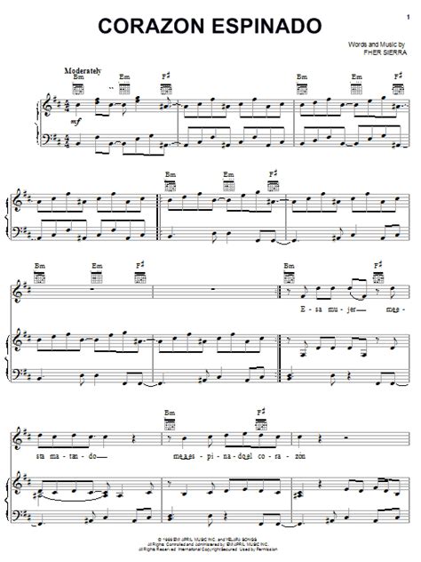 Corazon Espinado Sheet Music Santana Piano Vocal And Guitar Chords Right Hand Melody