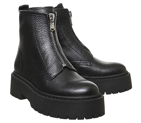 Office Abuzz Chunky Front Zip Boot Black Leather Ankle Boots
