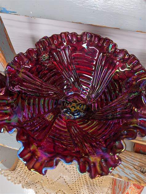 Vintage Fenton Iridescent Red Glass Basket With Handle Signed Etsy