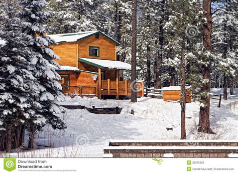 Modern Log Cabin Home In The Winter Woods Royalty Free