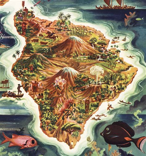 16x32 Pictorial 1950 Dole Map Hawaiian Islands Vintage Wall Art