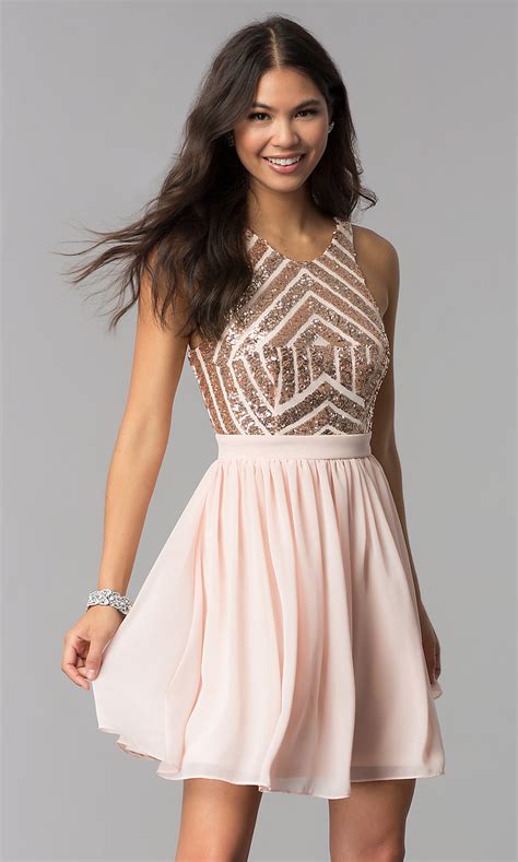 All eyes are on your dignified sparkle as you gracefully take over the party, fundraiser, or other event. Rose Gold Short Homecoming Dress with Sequin Bodice