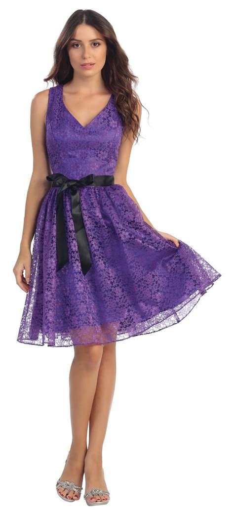 Purple cocktail dress new years dress great hairstyles dresses for work formal dresses knee length dresses special occasion dresses bridesmaid this short knee length modest coral dress features cap sleeves, v neckline and a brooch around the waistline. Knee Length Lace Purple Bridesmaid Dress Wide Strap V Neck $117.99 | Dresses, Bridesmaid dresses ...