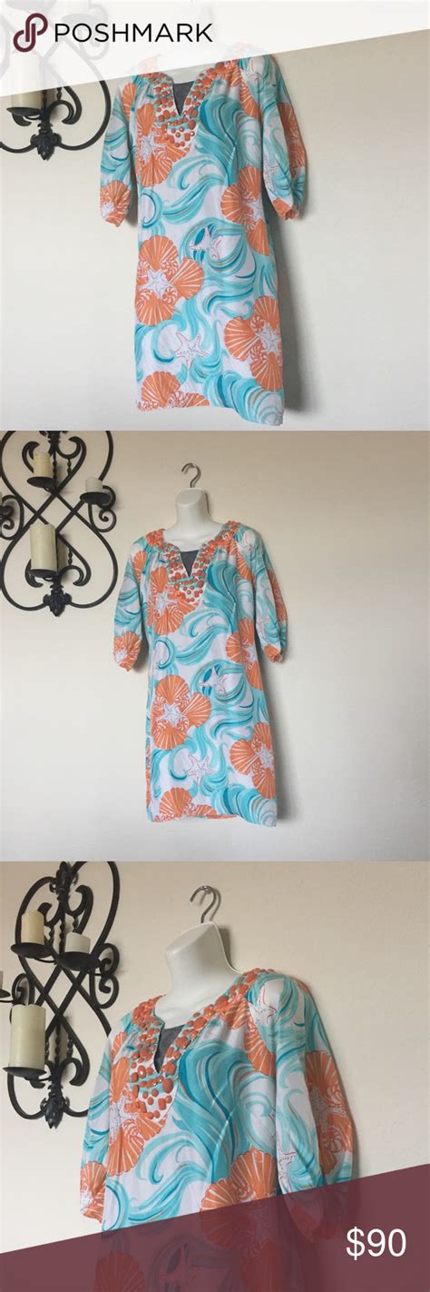 Lilly Pulitzer Silk Beaded Dress Blue Wave Coral 4 In Excellent