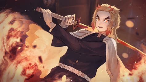 Demon Slayer Kyojuro Rengoku With Sword Holding On Shoulder HD Anime