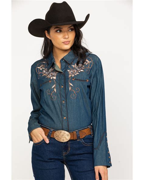Scully Women S Rose Embroidered Denim Western Shirt Sheplers