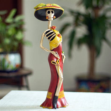 Red And Yellow Catrina Skeleton Ceramic Sculpture Flirtatious Catrina