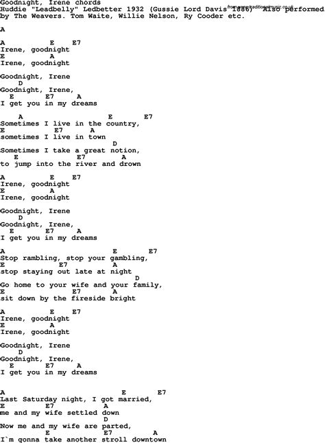 Song Lyrics With Guitar Chords For Goodnight Irene