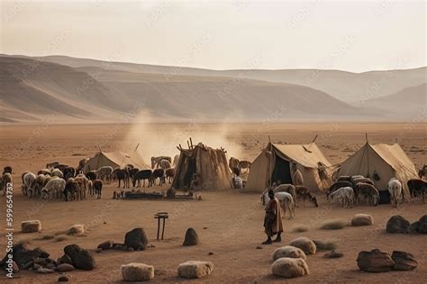 Nomadic Tribe Setting Up Camp In Desert With Tents And Animals
