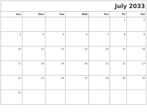 July 2033 Printable Blank Calendar