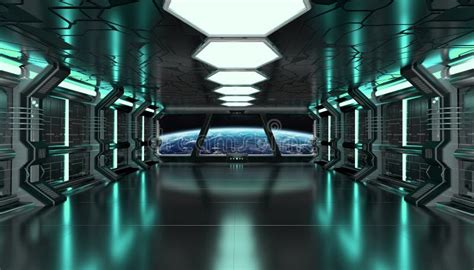 Dark Green Spaceship Futuristic Interior With Window View On Planet