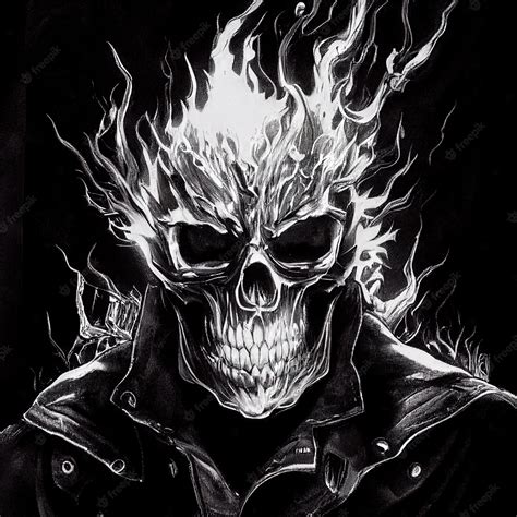 Premium Photo Ghost Rider Flaming Skull Ink Sketch Black And White Digital Illustration