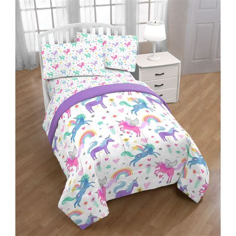 Trend Collector Unicorn Rainbow Twin Bed In A Bag Bedding Set With Reversible Purple Comforter