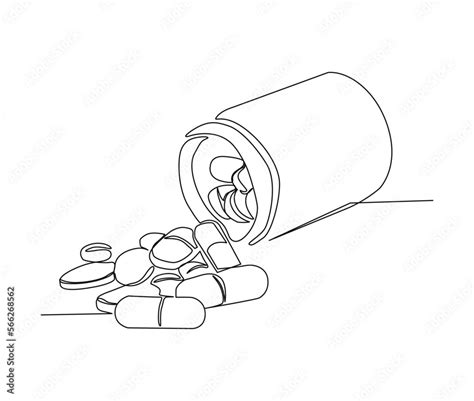 Continuous One Line Drawing Of Medicine Pills Or Capsule Bottle Simple