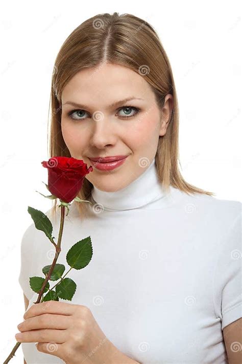Young Beautiful Woman With A Single Red Rose Stock Photo Image Of