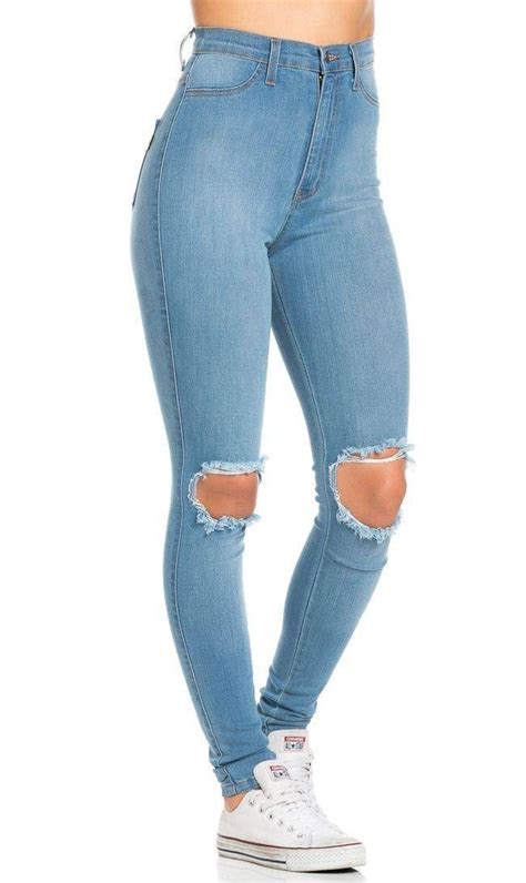 Ripped Knee Super High Waisted Skinny Jeans In Light Blueplus Sizes
