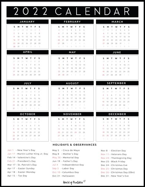 Year 2022 Calendar Printable With Holidays Wiki Calendar 2022