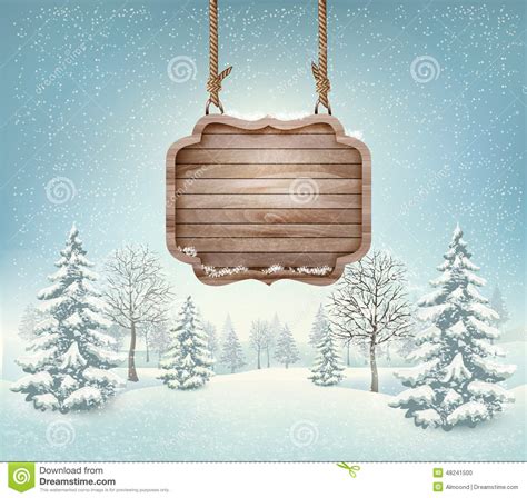 Winter Landscape With A Wooden Ornate Merry Christmas Stock Vector