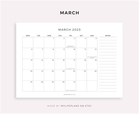 2023 Monthly Calendar With Holidays And Notes Printable Etsy Australia