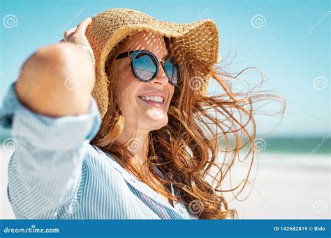Mature Woman With Beach Hat And Sunglasses Stock Image Image Of People Beach 142682819
