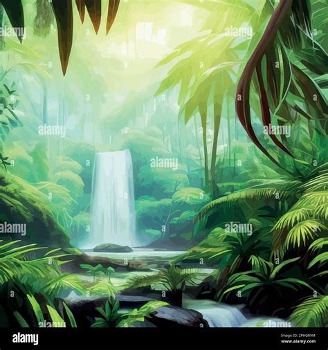 Beautiful Cartoon Forest Tropical Jungle With Wildlife Waterfall
