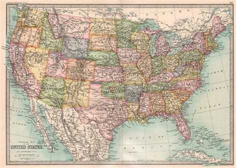 Usa General Map Of The United States Bartholomew 1890 Old Antique Chart