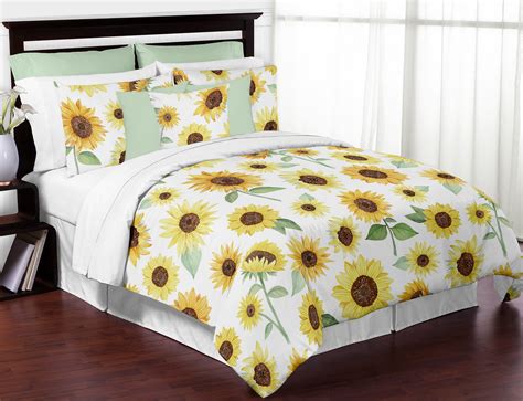 I love the geometric symmetry of this unique green and blue bedding set. Yellow, Green and White Sunflower Boho Floral Girl Full ...